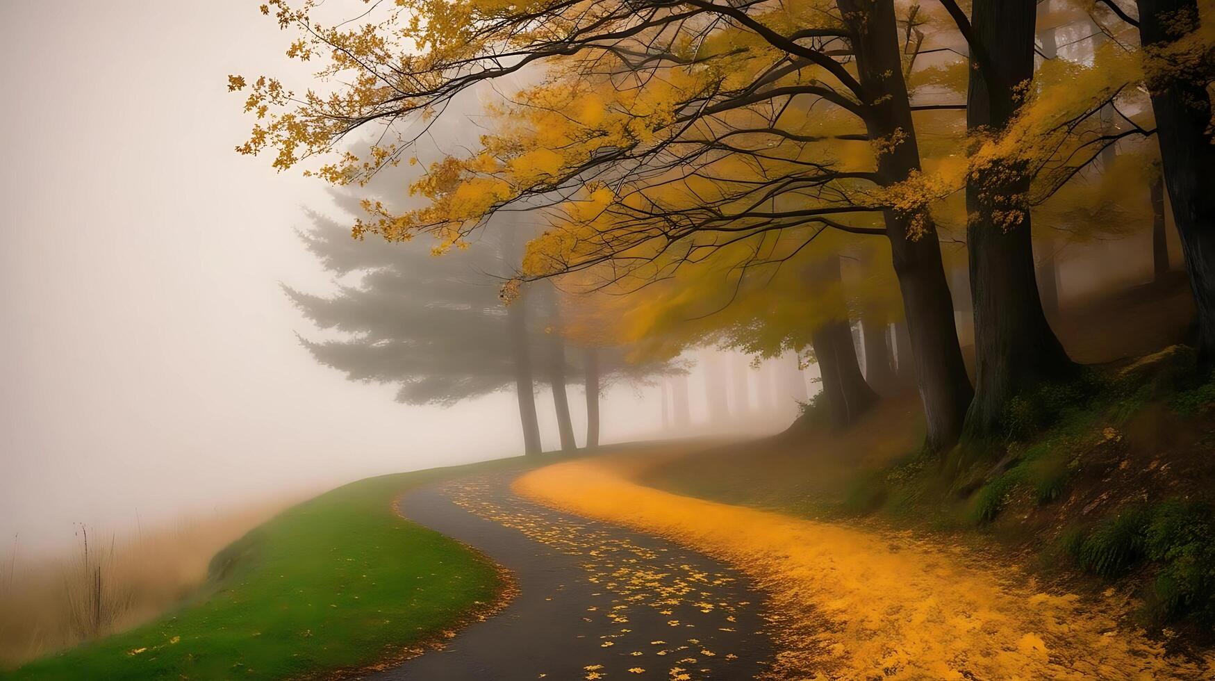 Serene autumn forest path with fallen yellow leaves and fog photo