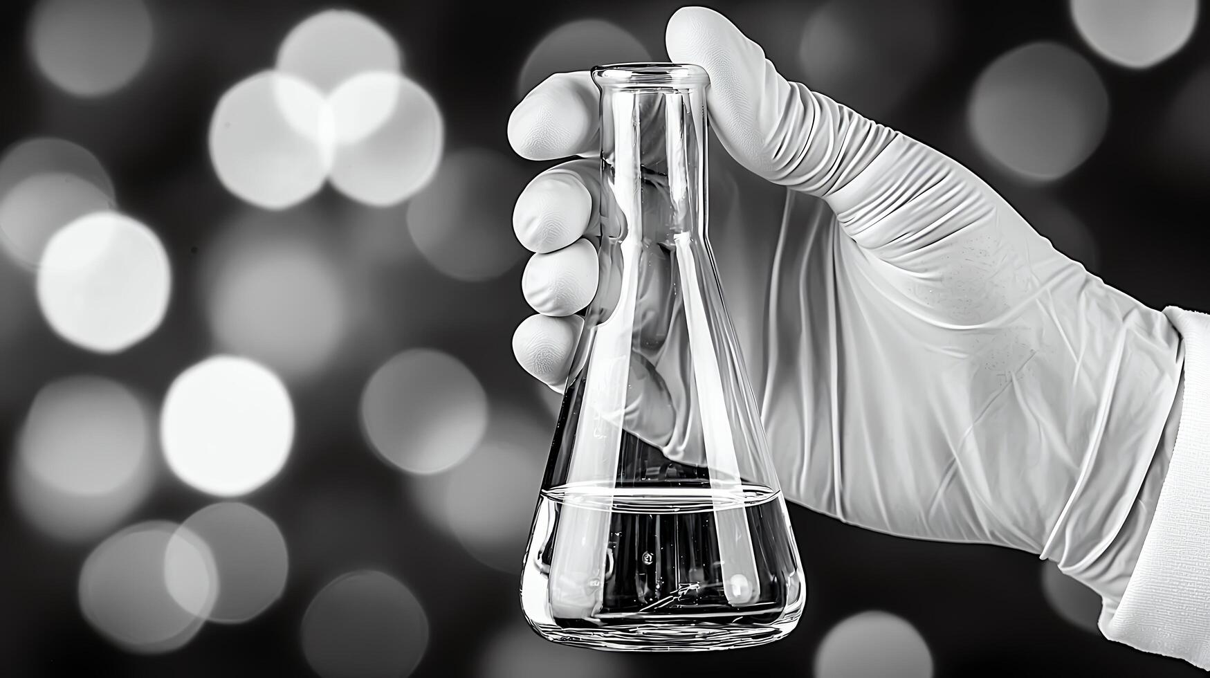 Scientist Holding Glass Flask with Clear Liquid in Laboratory with Bokeh Background photo