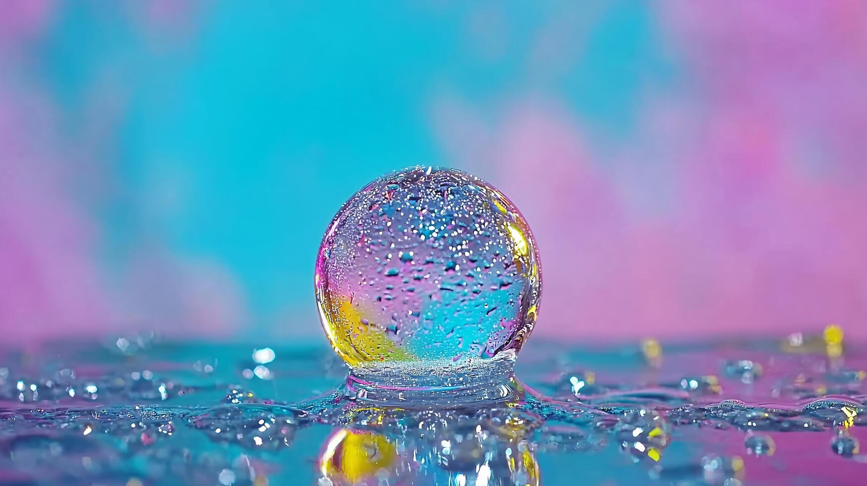 Colorful Water Droplet on a Reflective Surface Against a Soft Gradient Background photo