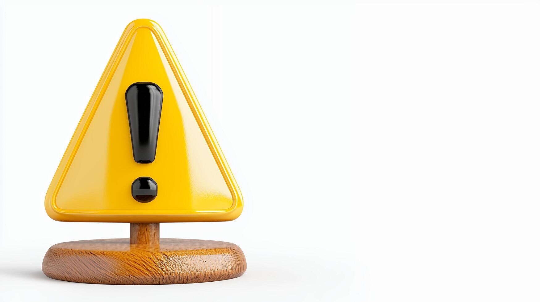 Bright Yellow Triangular Warning Sign with Black Exclamation Mark on White Background photo