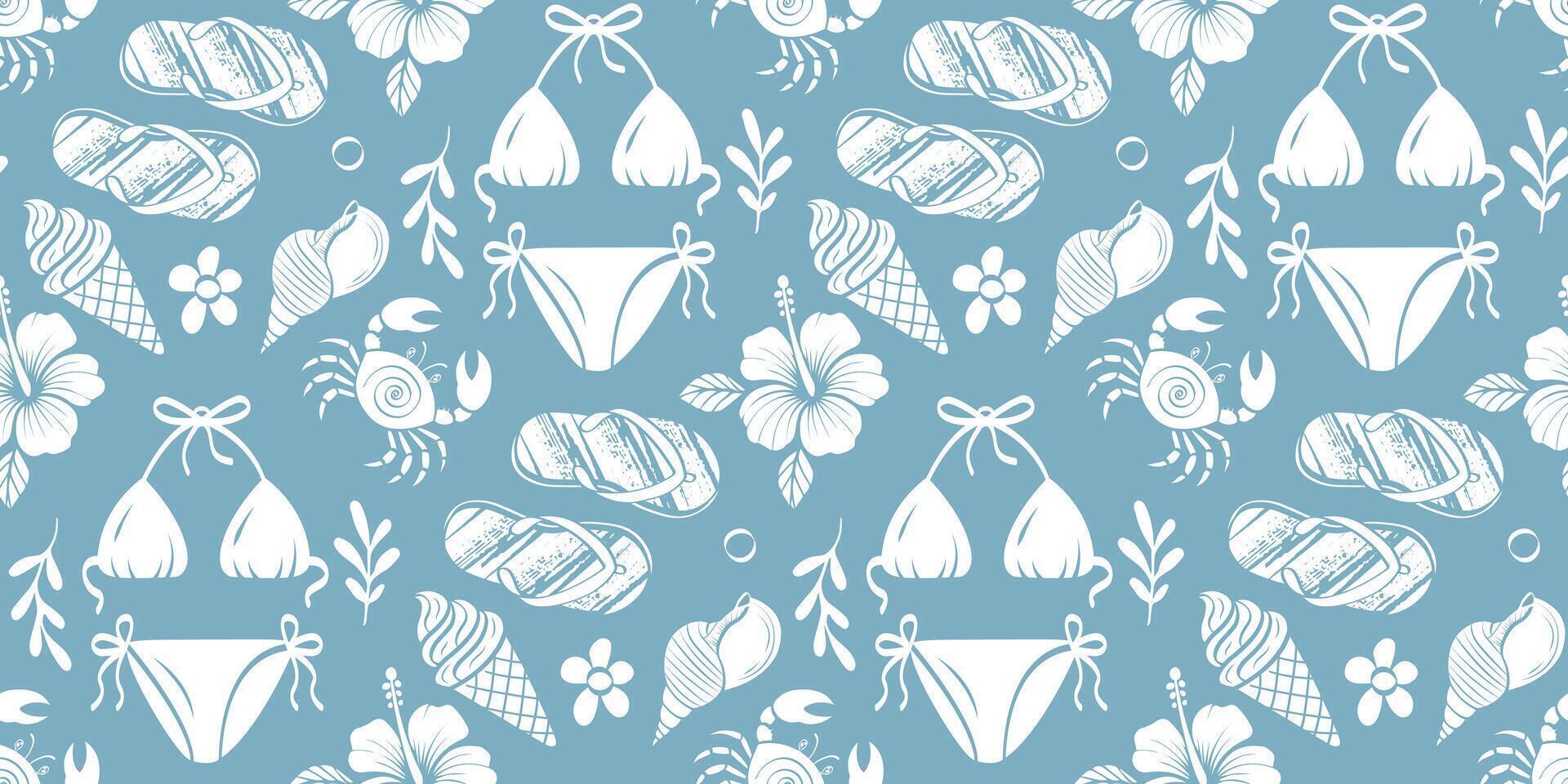 Seamless summer beach pattern with hand-drawn doodle elements. Flip-flops, bikini, ice cream, hibiscus, seashells, crab and tropical plants in white line art on blue background for textile and design. vector