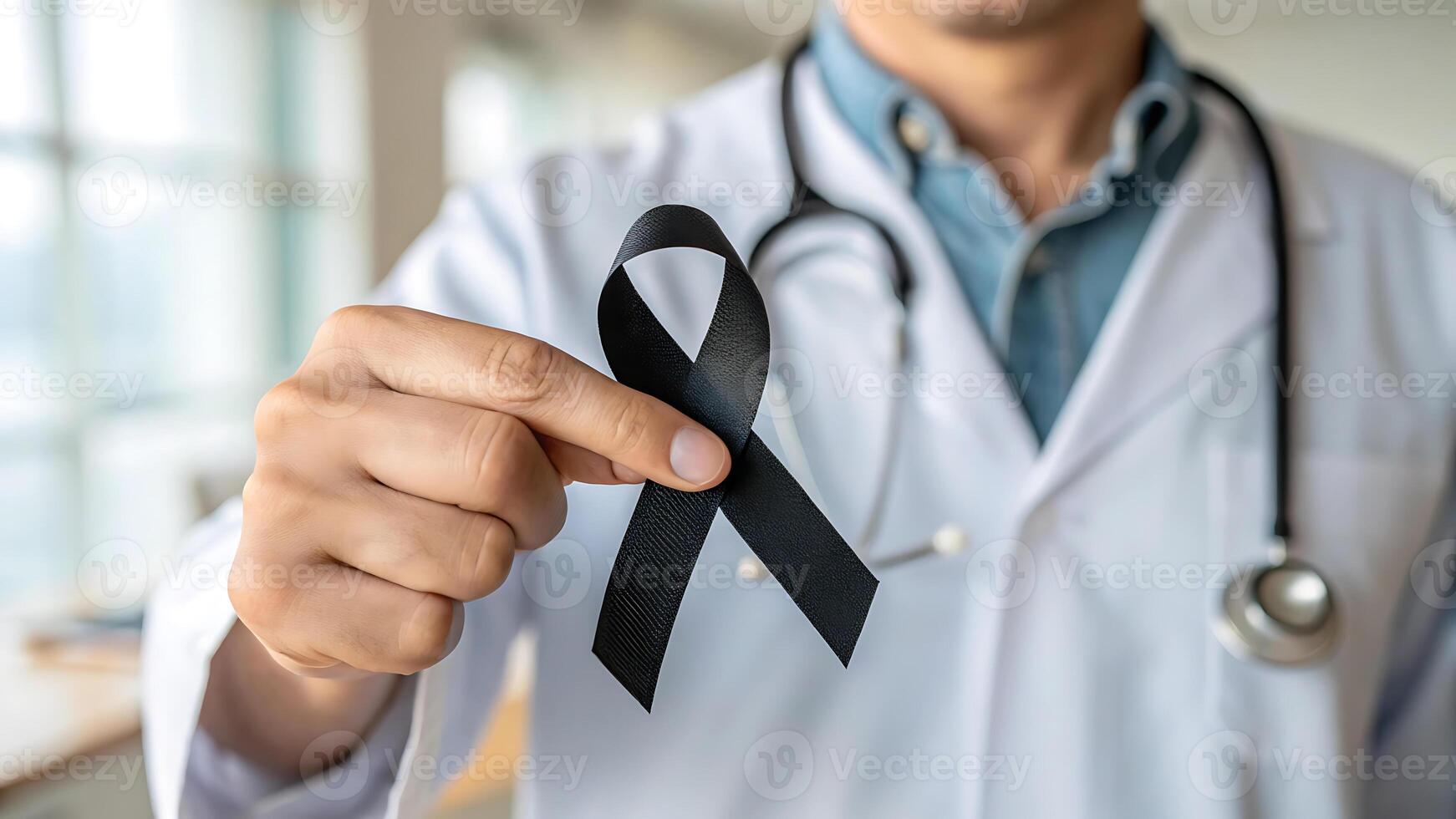 Awareness and support concept. doctor holding black ribbon for medical causes. photo