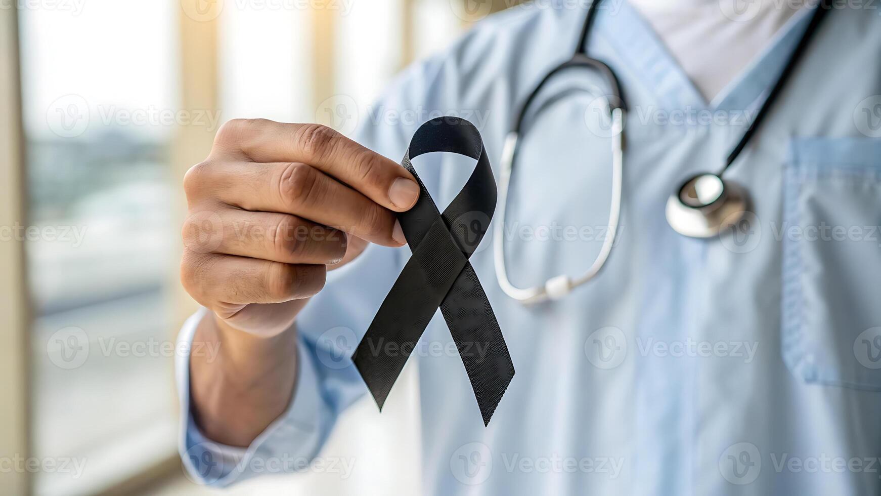 Healthcare professional holding black ribbon for awareness or memorial. photo