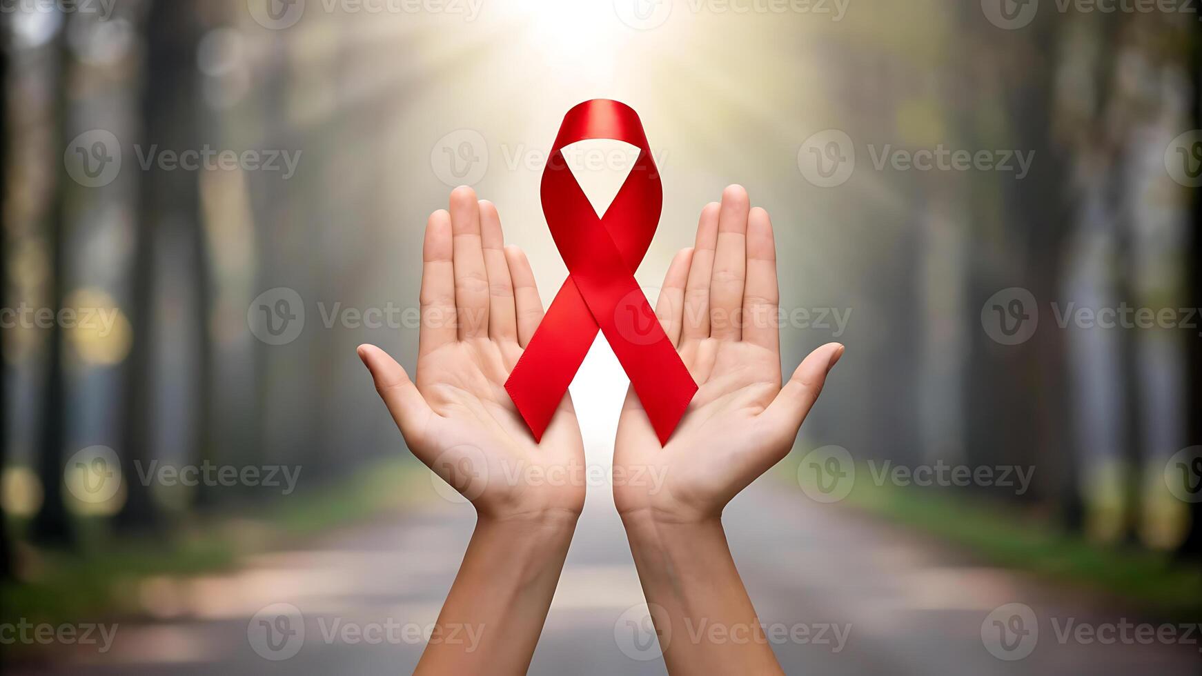 Symbolic red ribbon in hands highlighting awareness and support. photo