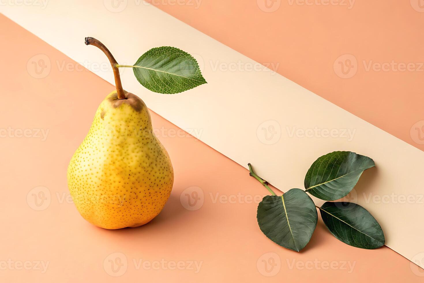 Fresh yellow pear with green leaves on minimalist background for autumn design photo