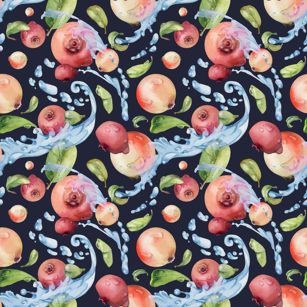 Cranberry lingonberry green leaves flying in water dew drops splash, ripe forest berry teaberry bearberry. Dark background seamless pattern, watercolor hand drawn. Textile, farmers market dessert menu vector