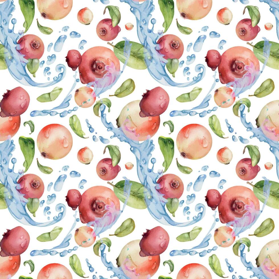 Cranberry lingonberry green leaves flying in water dew drops splash, ripe forest berry teaberry bearberry. Isolated seamless pattern, watercolor hand drawn. Textile paper, farmers market dessert menu vector