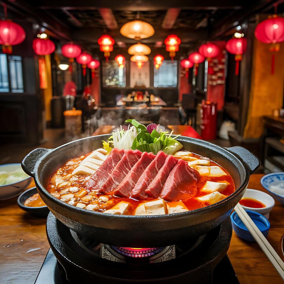 A large pot of meat and vegetables sitting on a table photo