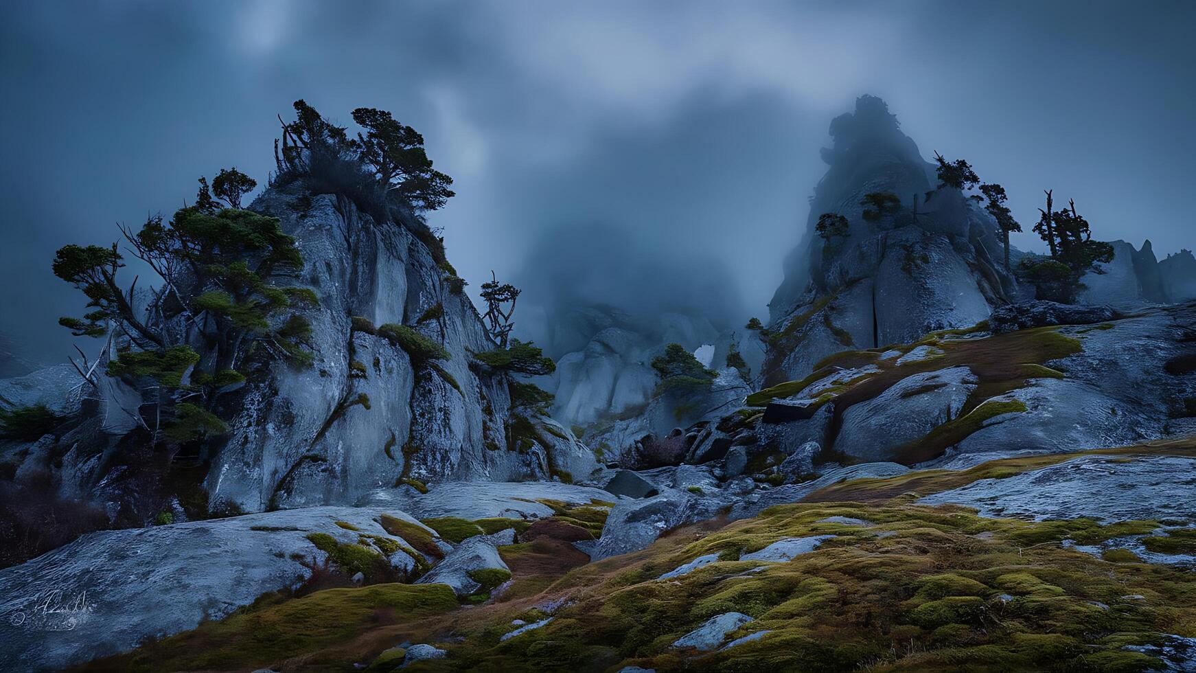 A mountain with trees and rocks in the fog photo