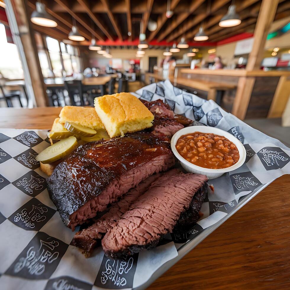 A tray of meat and sides on a table photo