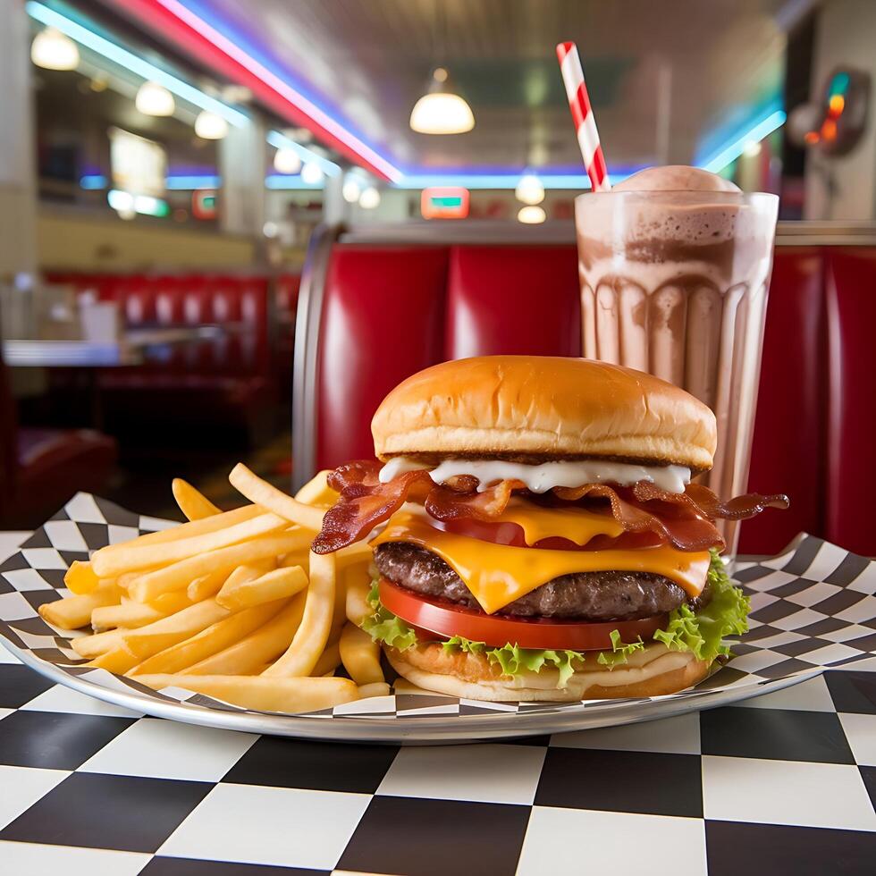A burger and fries on a checkered table photo