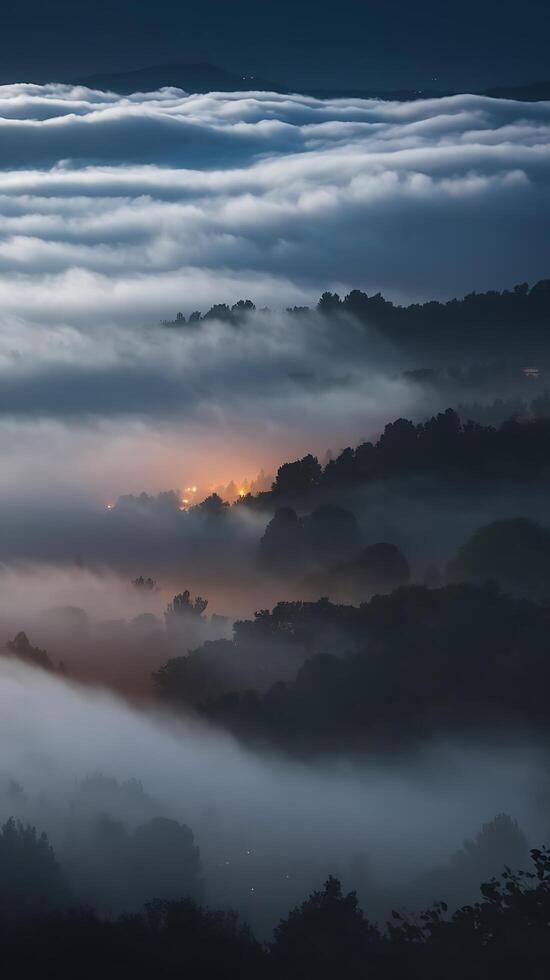 A view of fog rolling over the hills at night photo