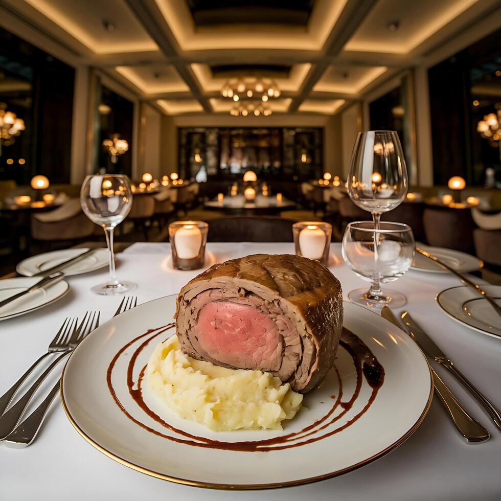 A large steak is sitting on a plate on a table photo