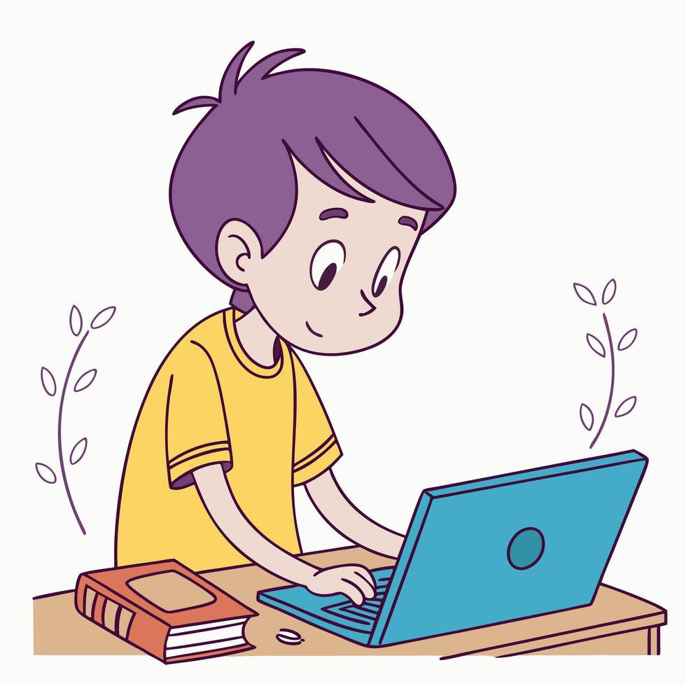 cartoon illustration young boy using laptop vector