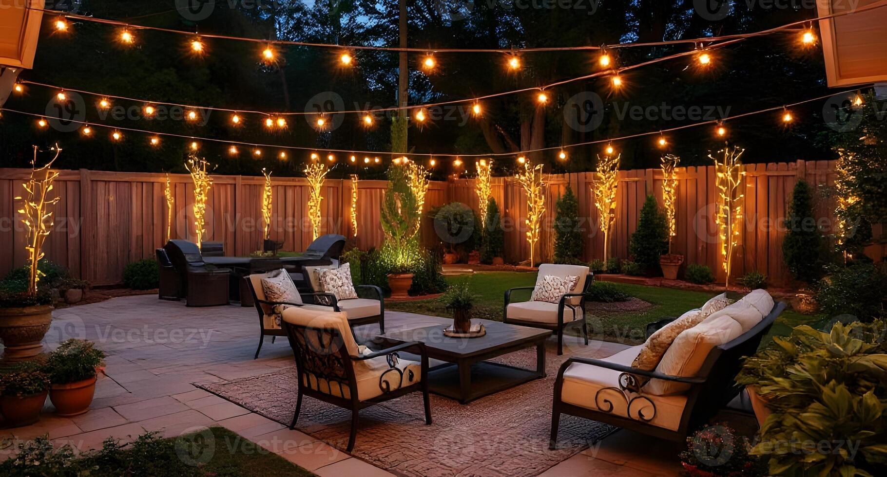 A backyard patio with string lights and furniture photo