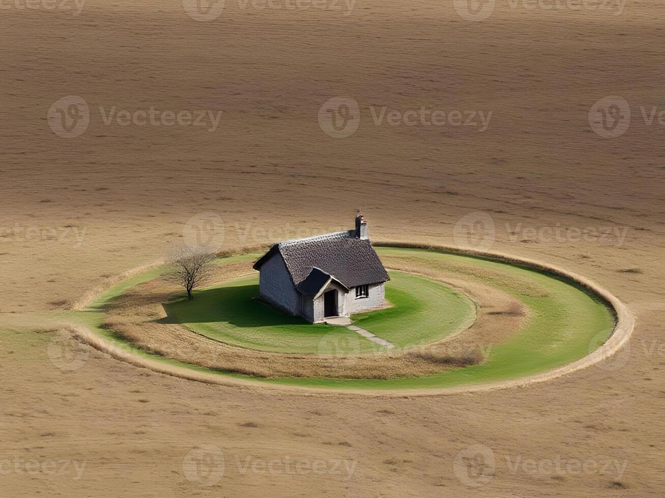 An aerial view of a small house in a circular field photo