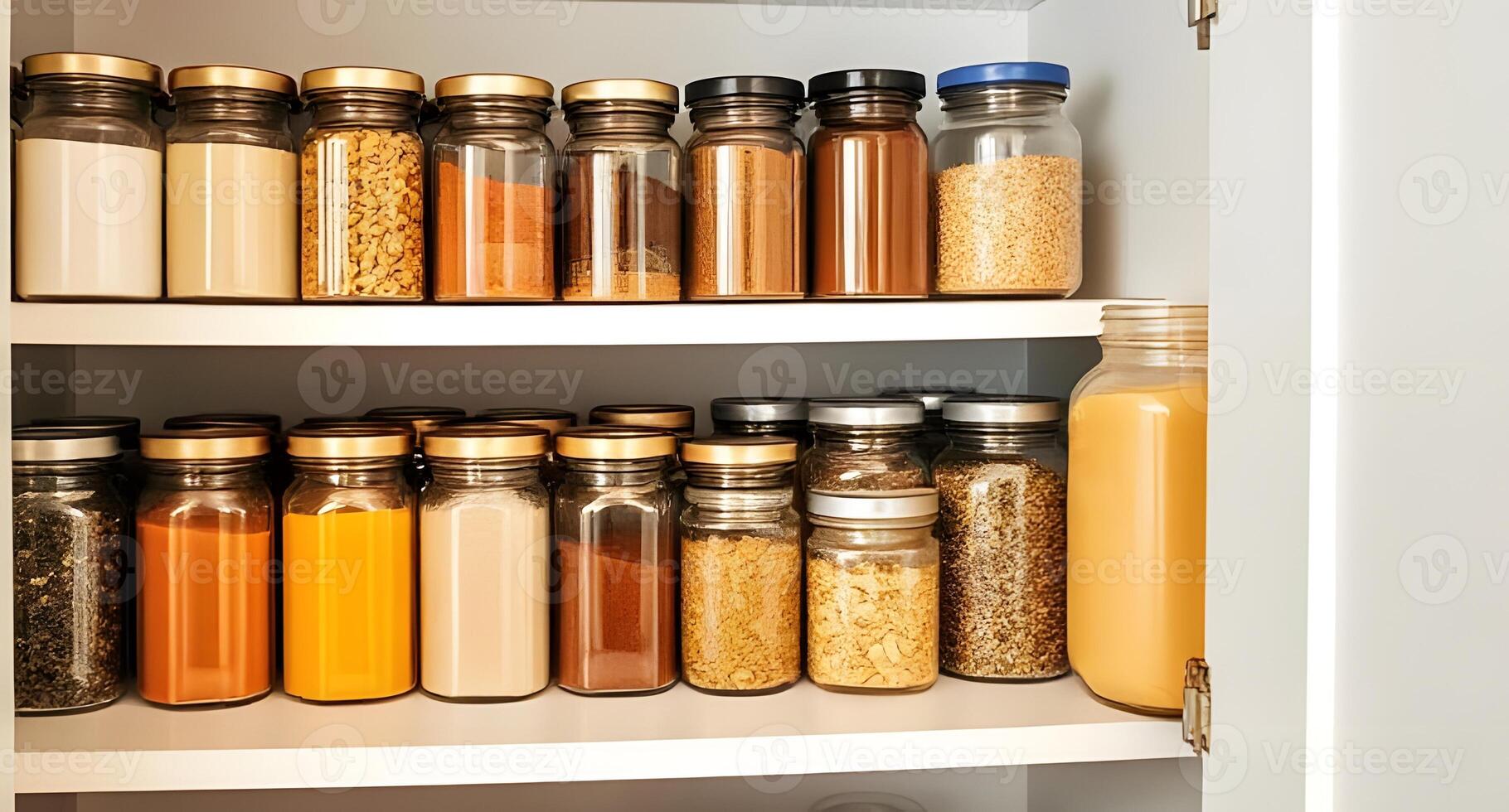 A cabinet with many jars of spices and spices photo