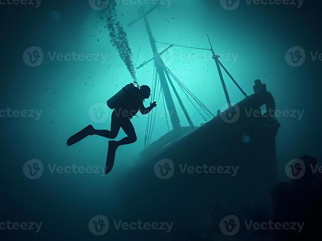 A scuba diver is in the water near a ship photo