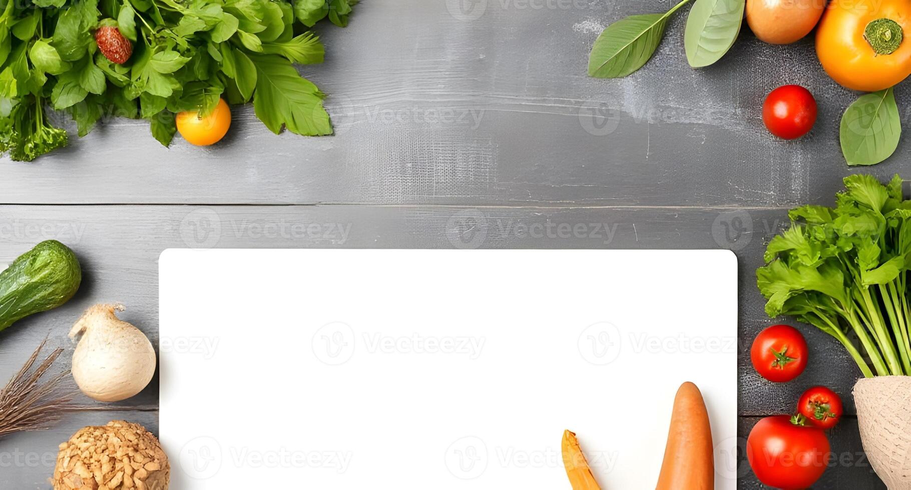 Fresh vegetables and fruits on a wooden table with a blank white sheet photo