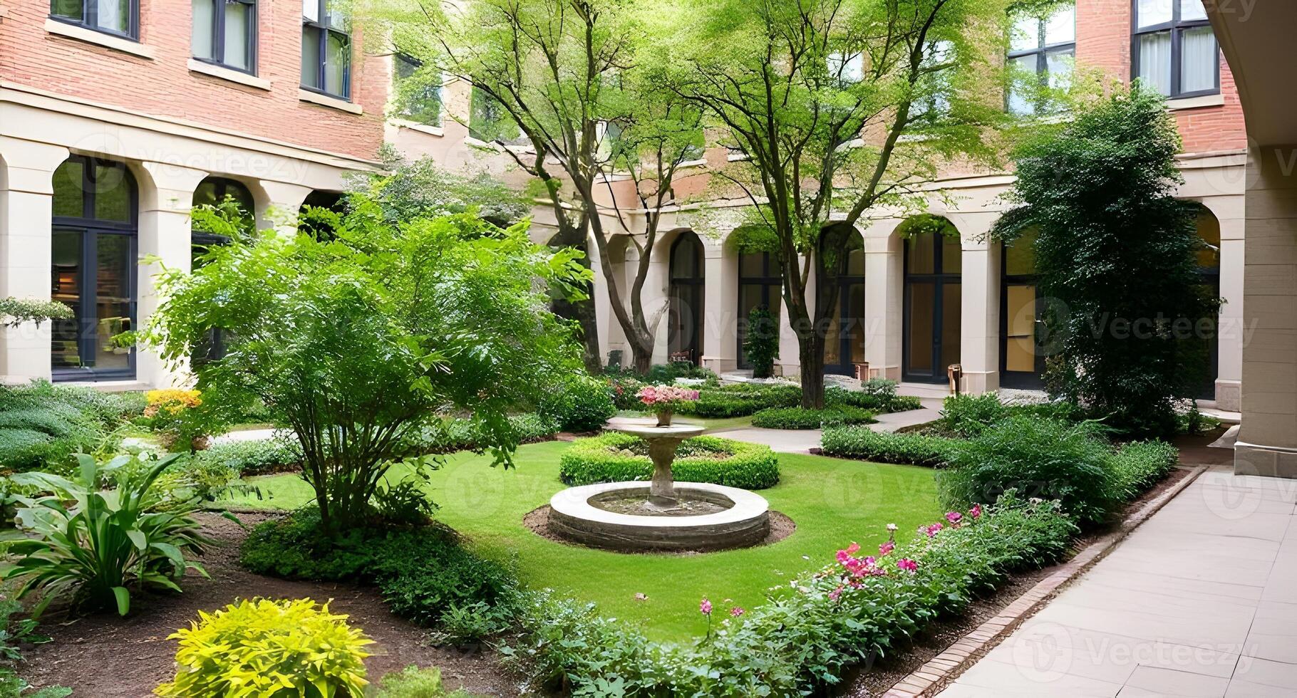 A courtyard with a fountain and plants in the middle of a building photo