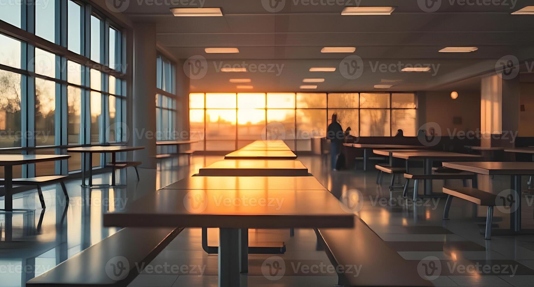 Empty cafeteria with benches and windows at sunset photo