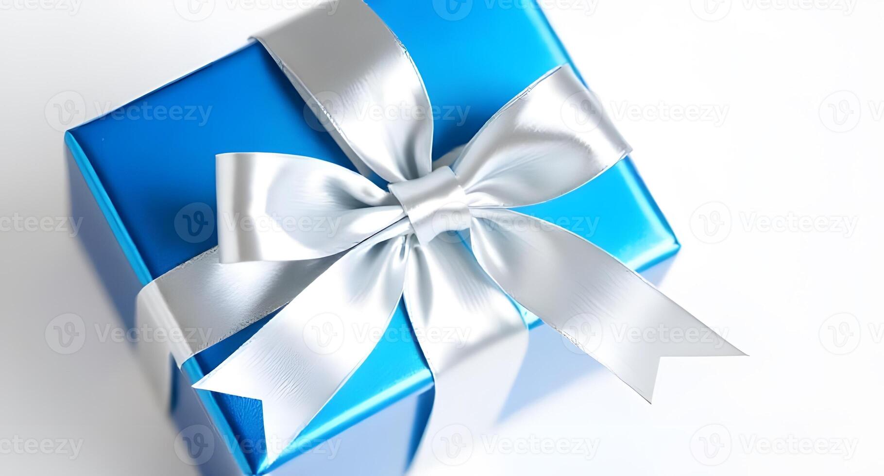 A blue gift box with a silver ribbon photo