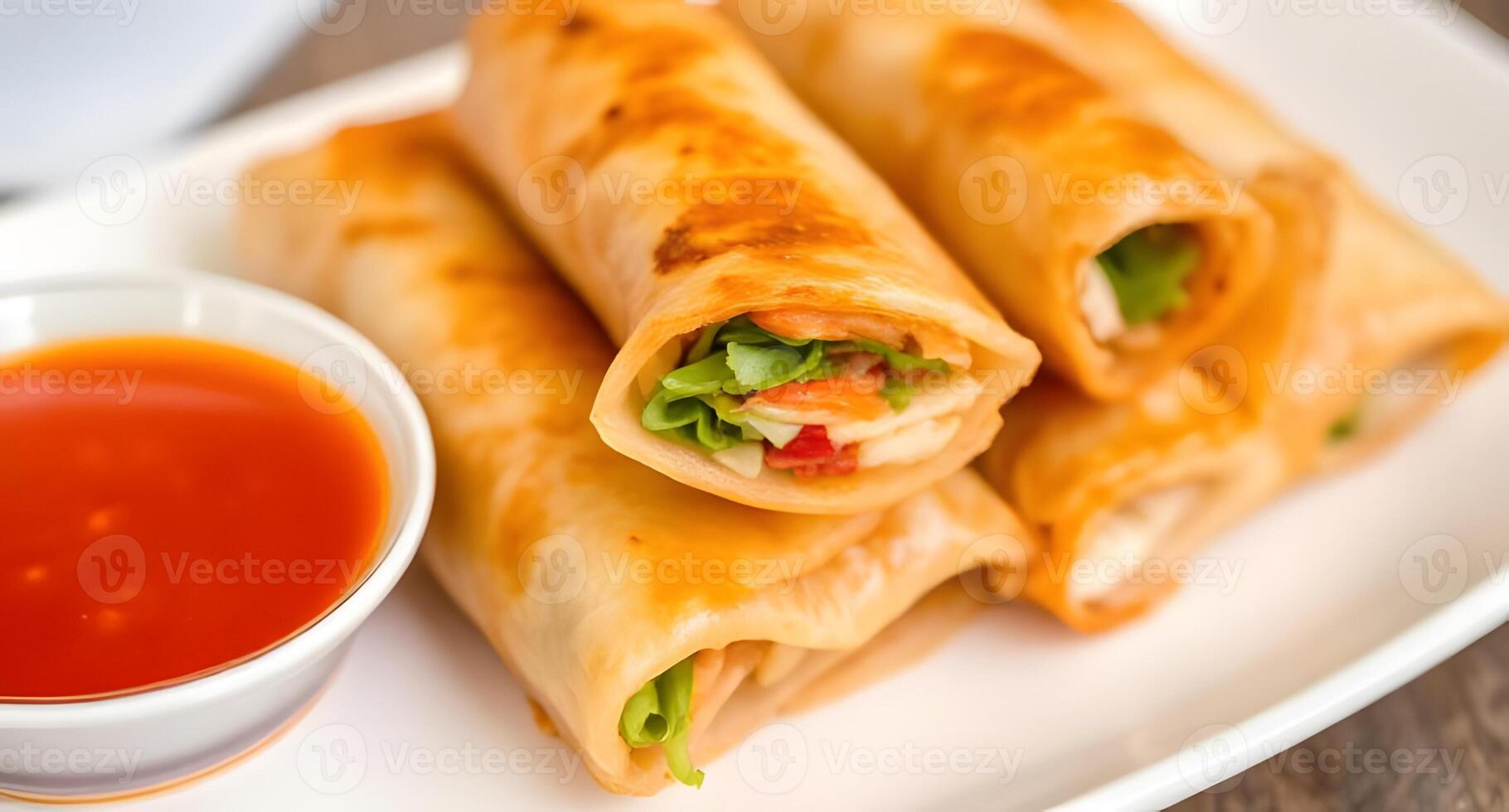 Chicken spring rolls with dipping sauce on a white plate photo
