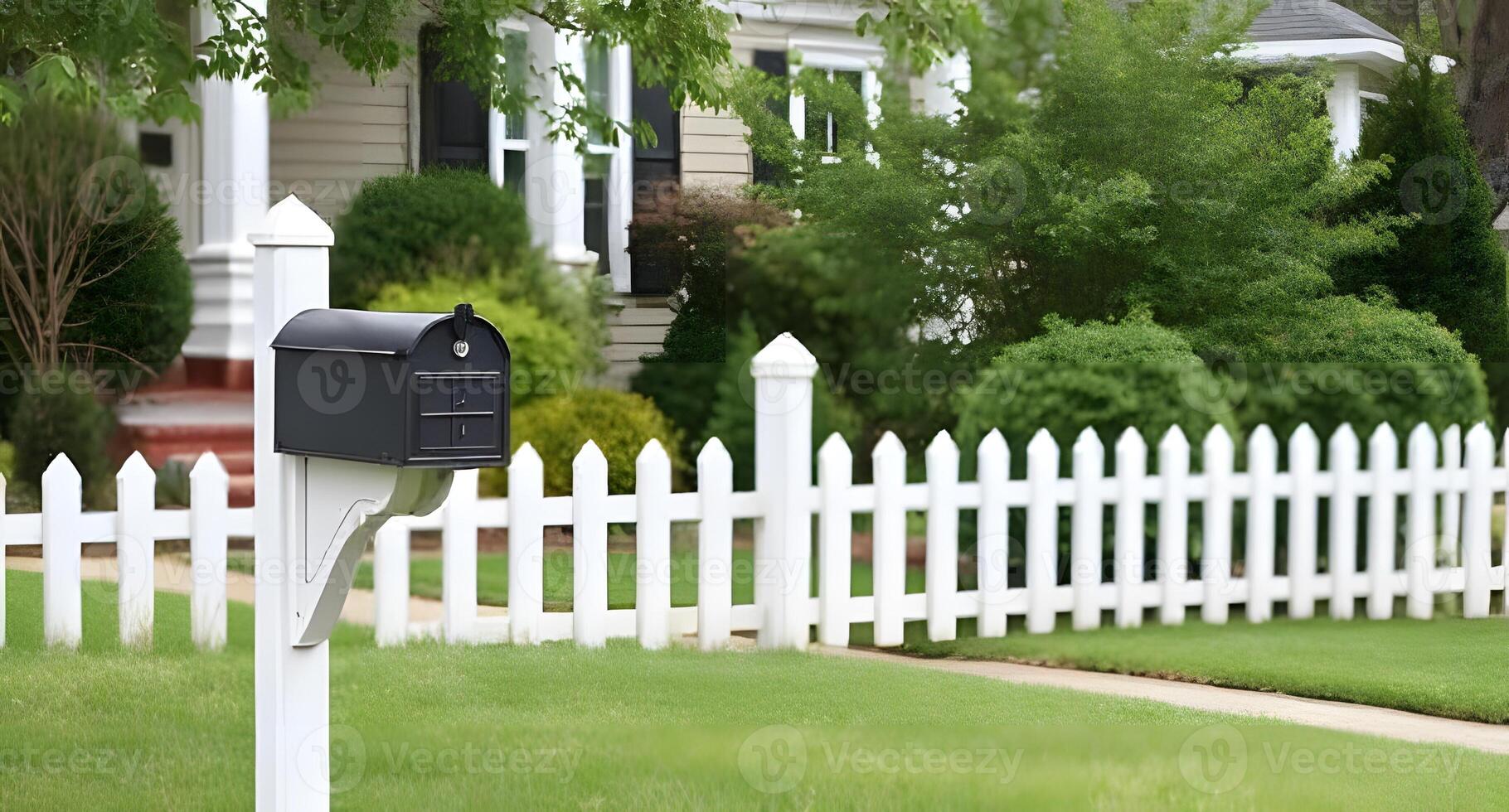 A mailbox is in front of a white picket fence photo