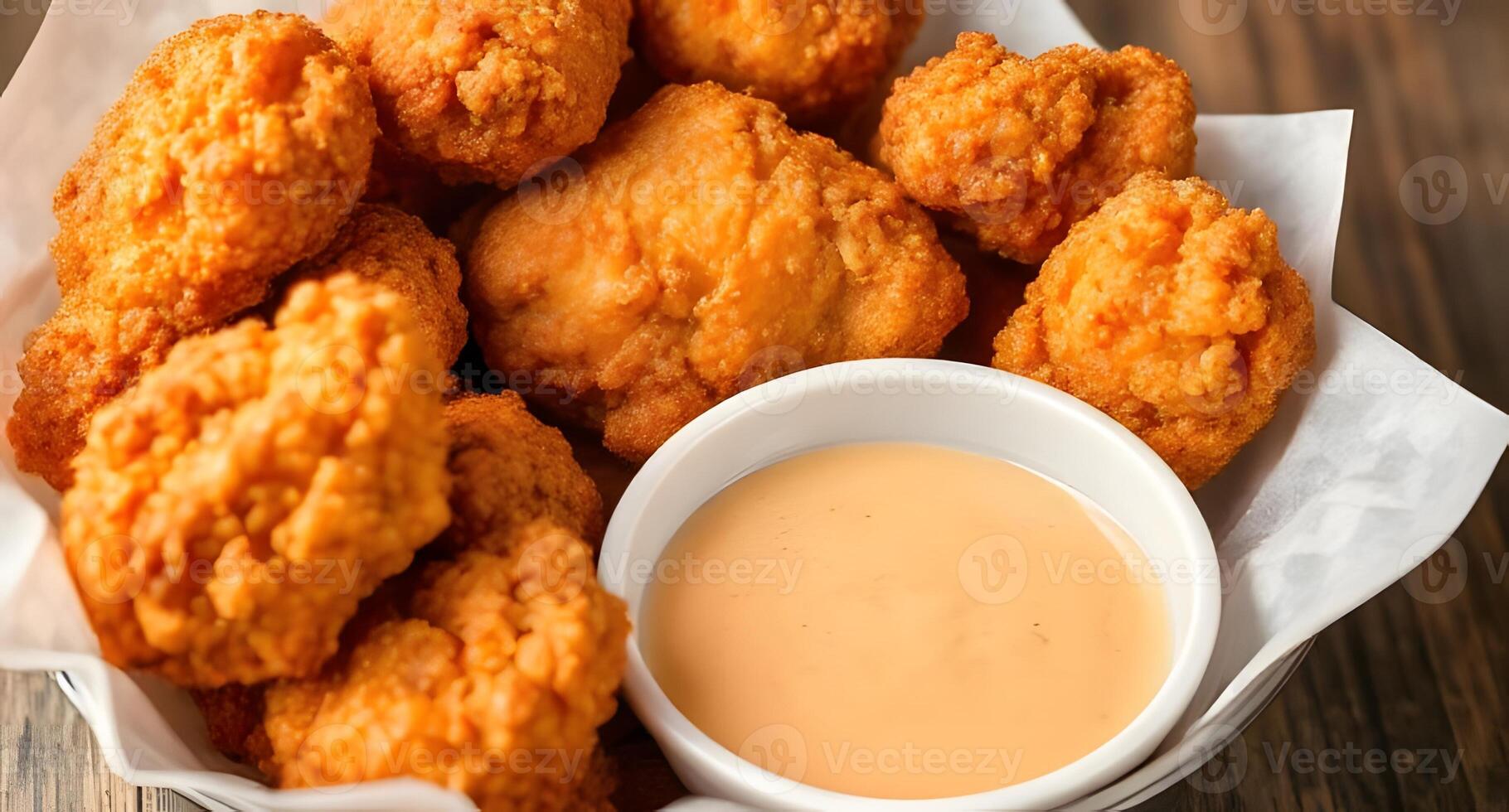 A basket of fried chicken nuggets with dipping sauce photo