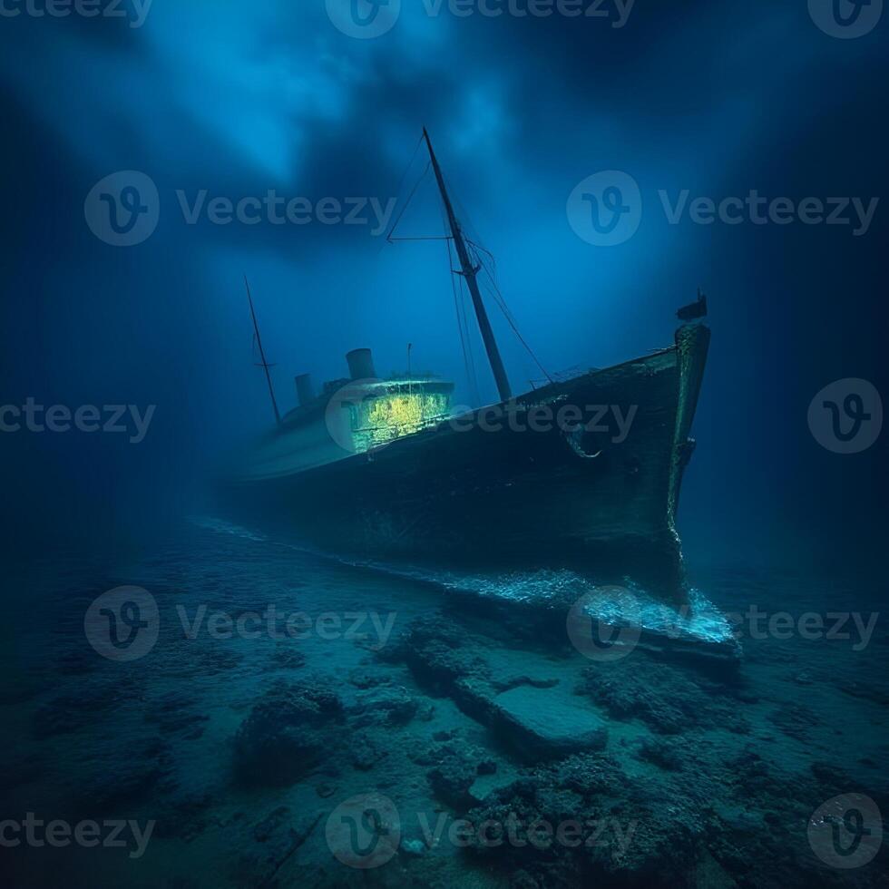 An old ship is floating in the ocean photo