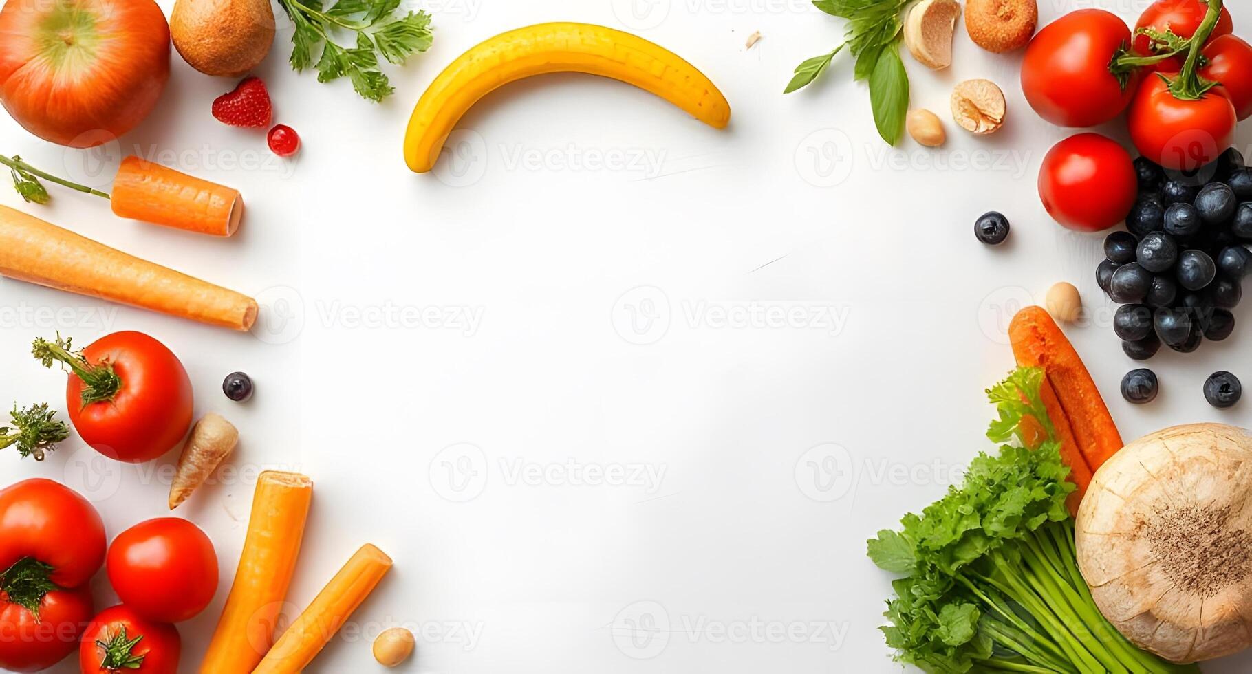 Various fruits and vegetables arranged in a circle photo