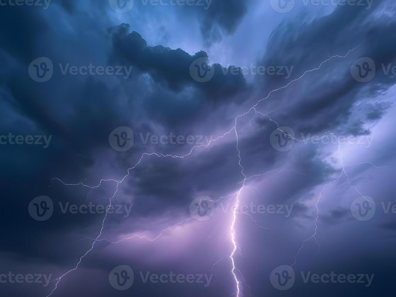 Lightning storm over the ocean with clouds and dark sky photo