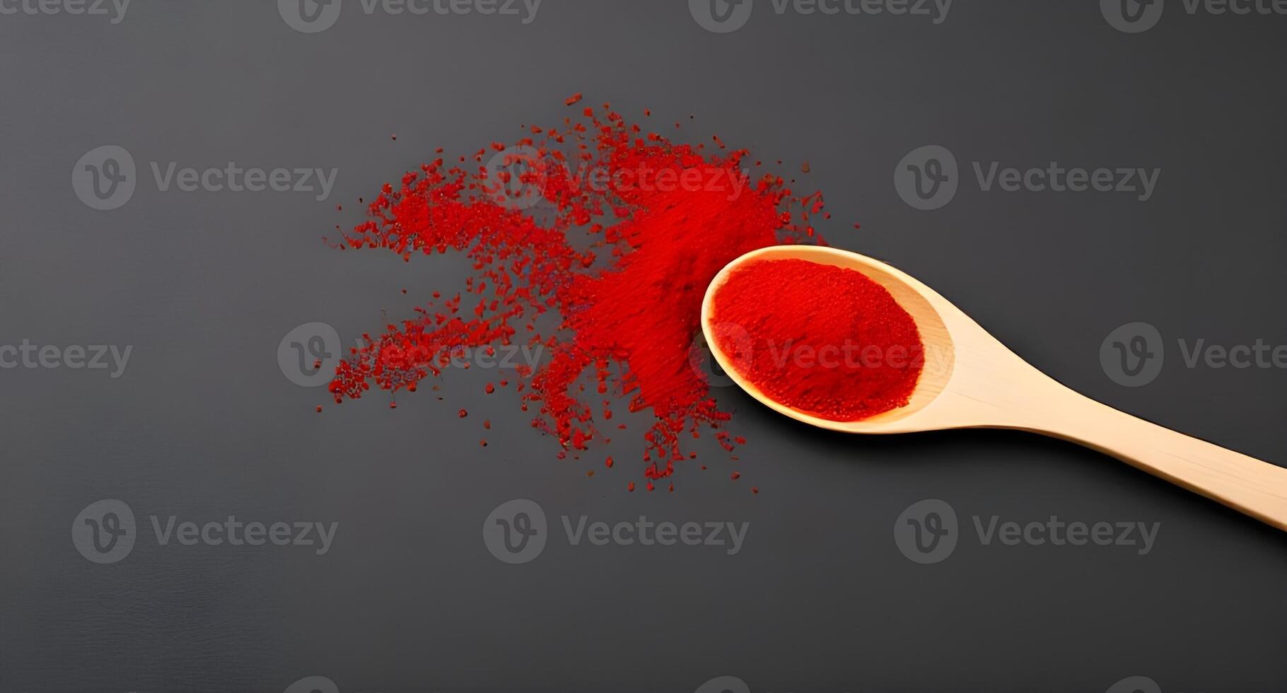 Red powder on a wooden spoon on a black background photo