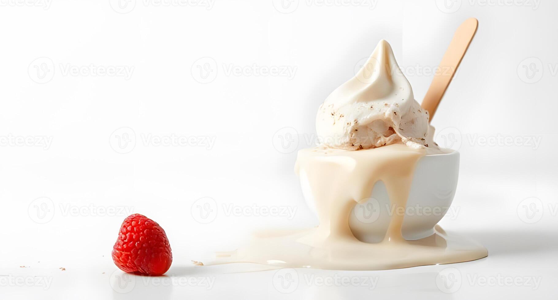 A strawberry is sitting on top of a cup of ice cream photo