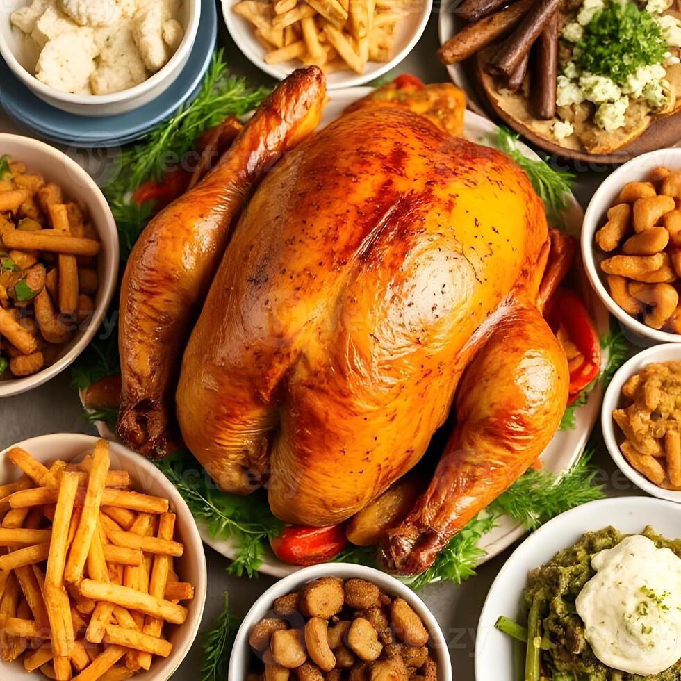 Thanksgiving dinner with turkey, potatoes, vegetables, and other foods photo