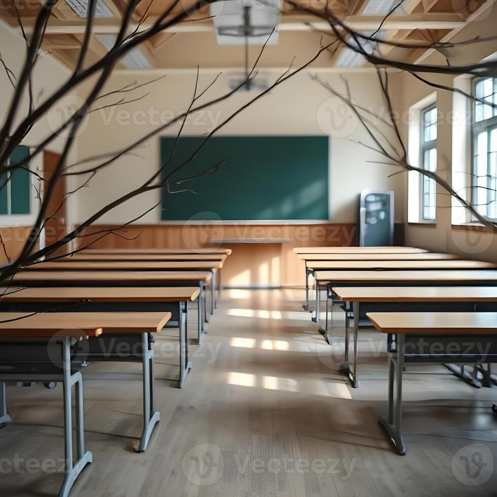 Empty classroom with desks and a tree photo