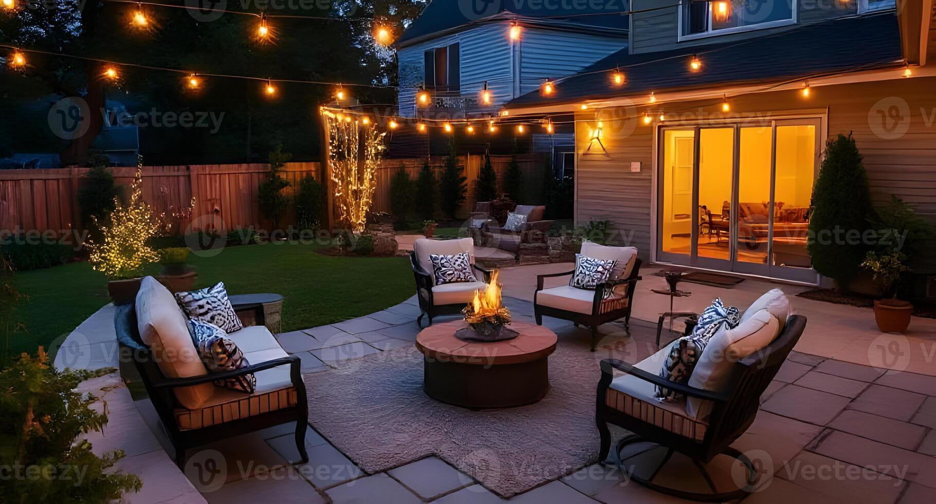 A backyard patio with outdoor furniture and string lights photo