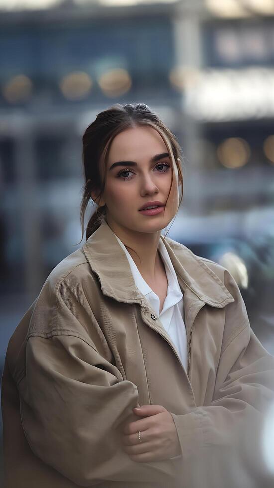 A woman in a trench coat standing in front of a car photo