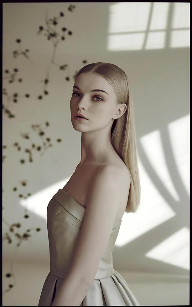 A woman in a strapless dress standing in front of a window photo
