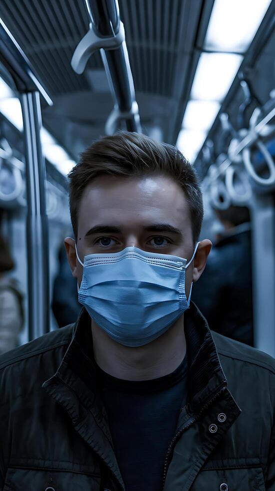 A man wearing a face mask on a subway photo