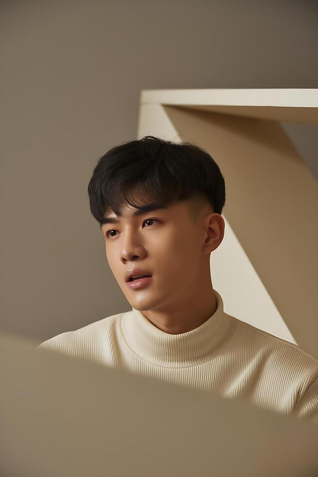 A man in a white sweater is looking at the camera photo