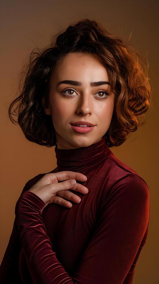 A woman with curly hair posing for a portrait photo