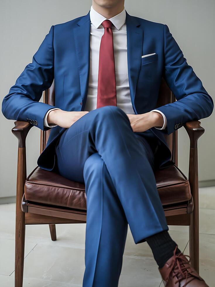 A man in a suit sitting in a chair photo
