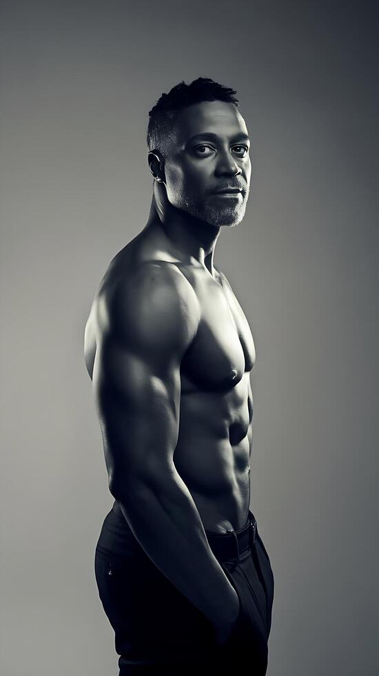 A man with no shirt on posing in front of a gray background photo