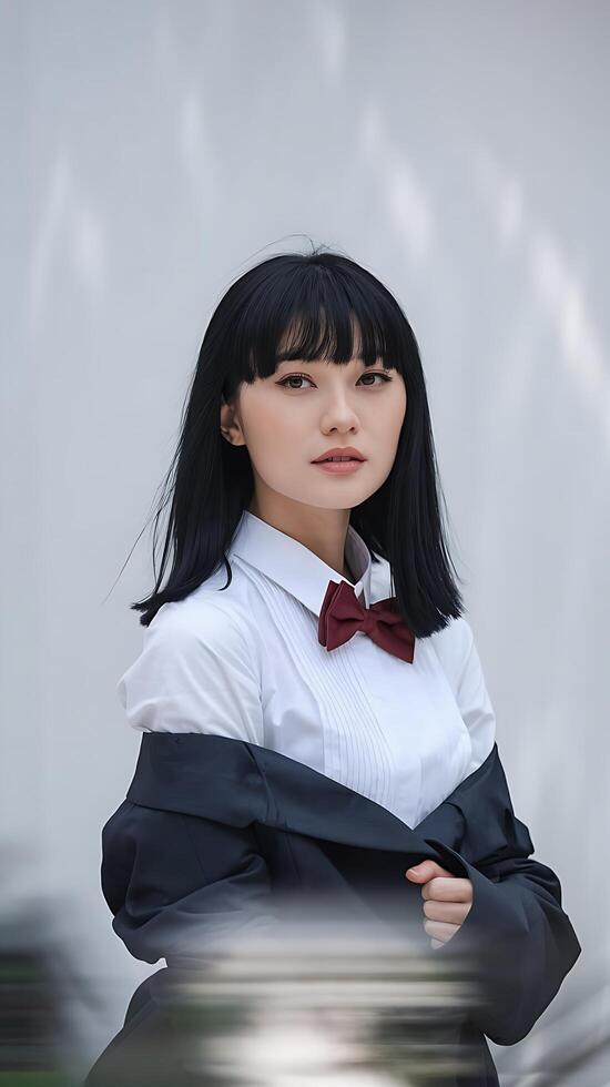 A woman wearing a white shirt and a black bow tie photo