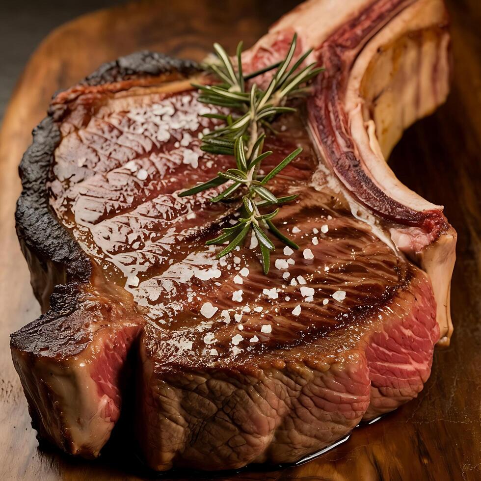 A steak is on a wooden cutting board photo