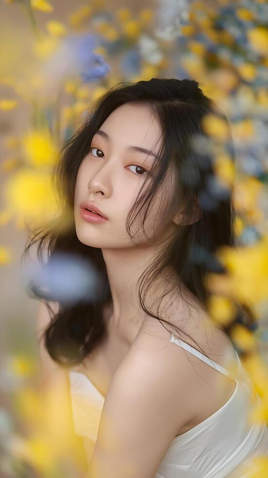 A woman with long black hair and white dress in a field of yellow flowers photo