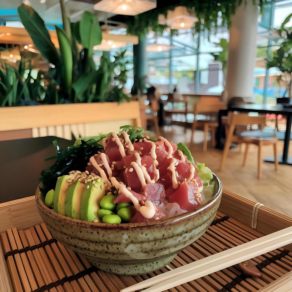 A bowl of sushi sitting on top of a wooden tray photo