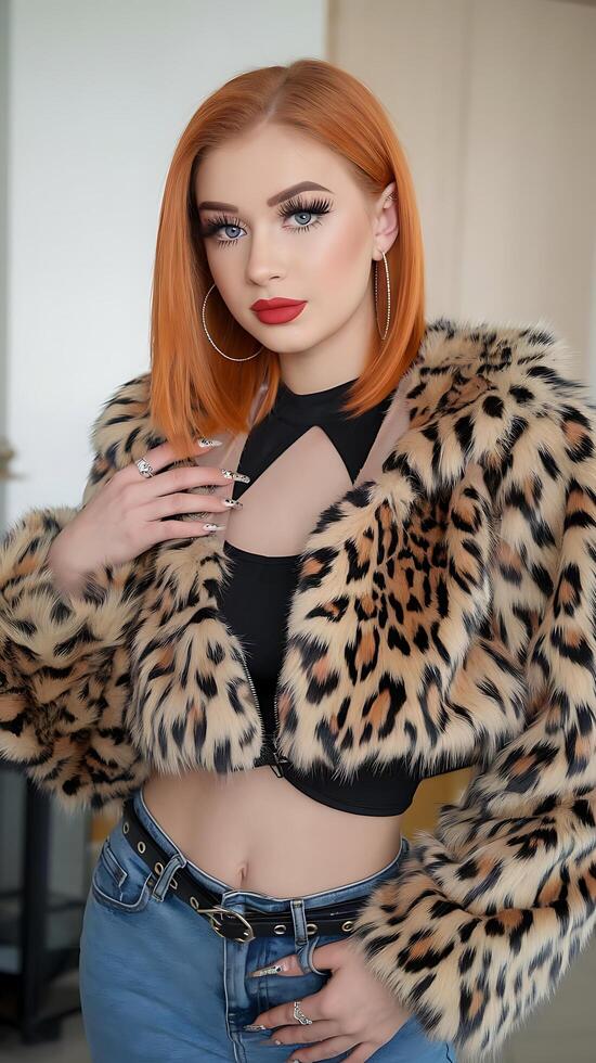 A beautiful redhead woman wearing a leopard fur coat photo