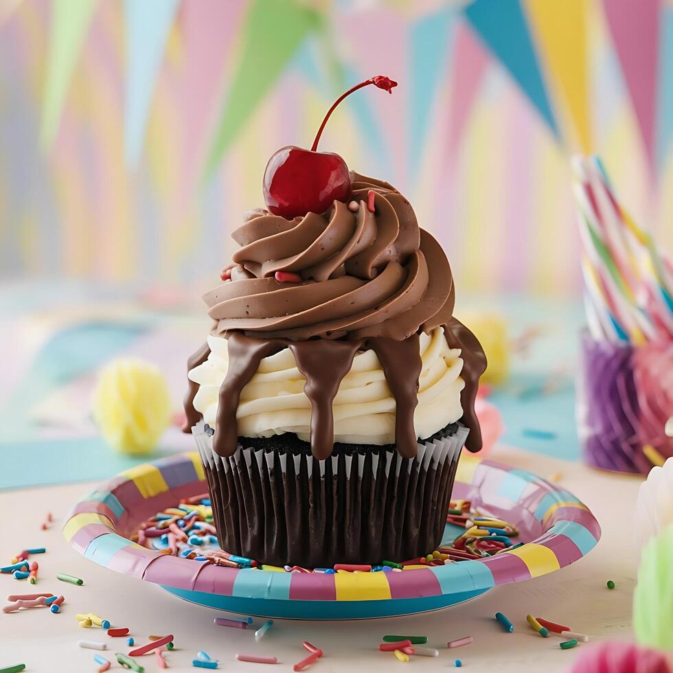 A cupcake with chocolate icing and a cherry on top photo